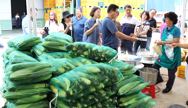 2019년에 실시한 옥수수감자 축제에 참가한 방문객들이 옥수수를 구매하고 있다.