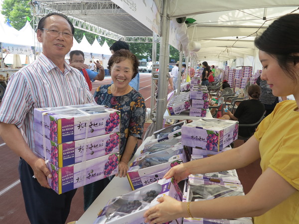2019년 열린 향수 옥천 포도복숭아 축제 행사장에서 방문객들이 농산물을 구입하고 있다.